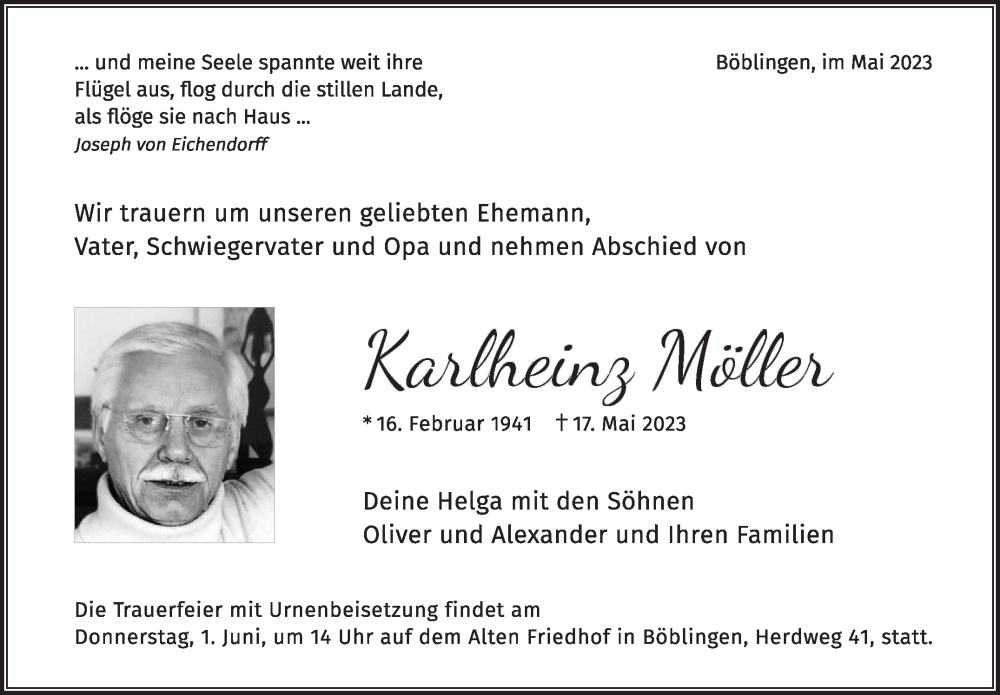  Traueranzeige für Karlheinz Möller vom 25.05.2023 aus Kreiszeitung Böblinger Bote
