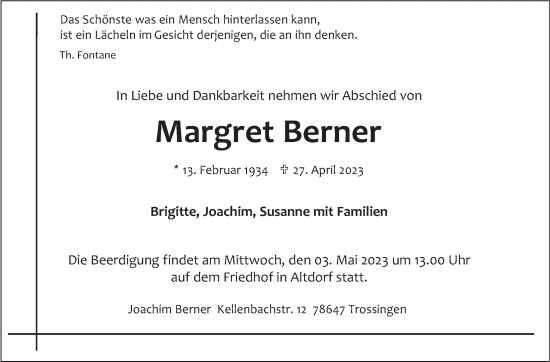 Traueranzeige von Margret Berner von Kreiszeitung Böblinger Bote