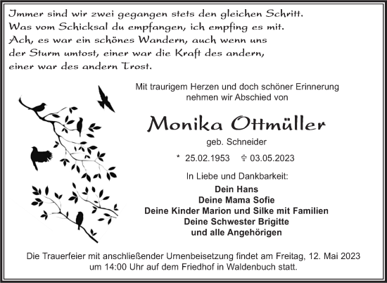 Traueranzeige von Monika Ottmüller von Kreiszeitung Böblinger Bote
