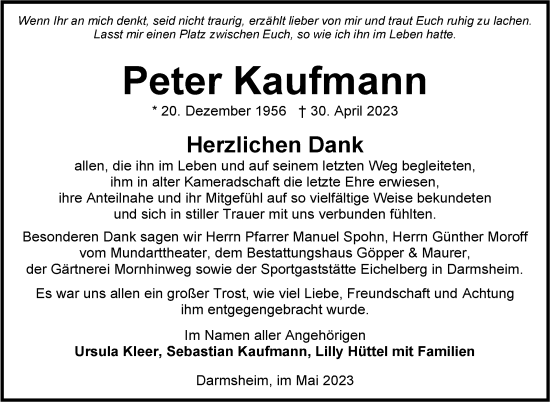Traueranzeige von Peter Kaufmann von Kreiszeitung Böblinger Bote