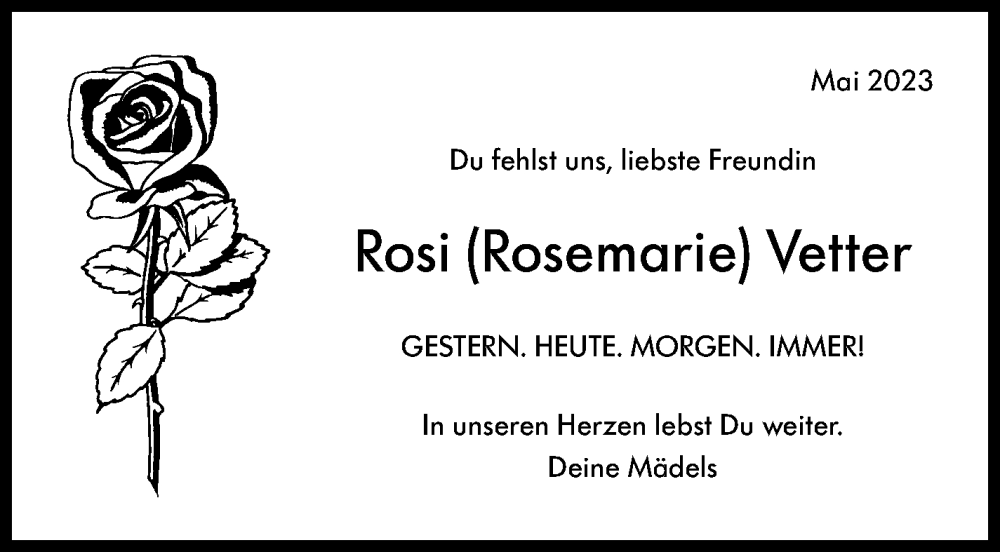  Traueranzeige für Rosemarie Vetter vom 27.05.2023 aus Kreiszeitung Böblinger Bote