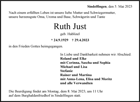 Traueranzeige von Ruth Just von Kreiszeitung Böblinger Bote