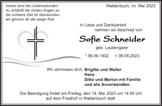 Traueranzeige von Sofie Schneider von Kreiszeitung Böblinger Bote