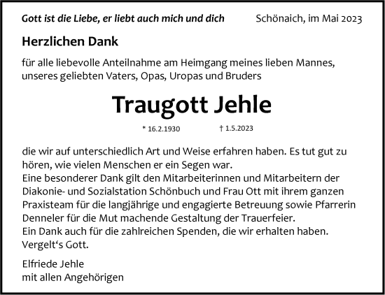 Traueranzeige von Traugott Jehle von Kreiszeitung Böblinger Bote