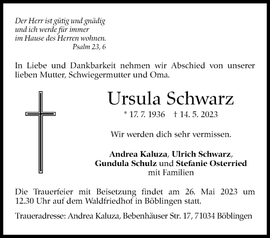 Traueranzeige von Ursula Schwarz von Kreiszeitung Böblinger Bote