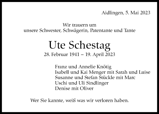Traueranzeige von Ute Schestag von Kreiszeitung Böblinger Bote