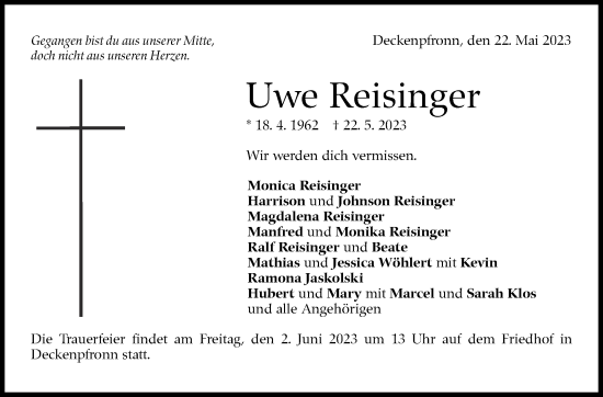 Traueranzeige von Uwe Riesinger von Kreiszeitung Böblinger Bote