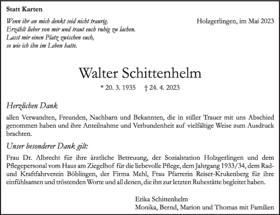 Traueranzeige von Walter Schittenhelm von Kreiszeitung Böblinger Bote