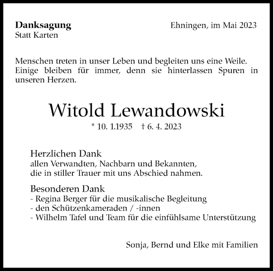 Traueranzeige von Witold Lewandowski von Kreiszeitung Böblinger Bote