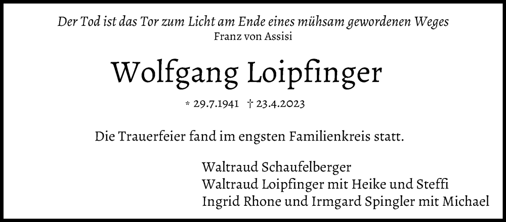  Traueranzeige für Wolfgang Loipfinger vom 06.05.2023 aus Kreiszeitung Böblinger Bote