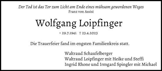 Traueranzeige von Wolfgang Loipfinger von Kreiszeitung Böblinger Bote
