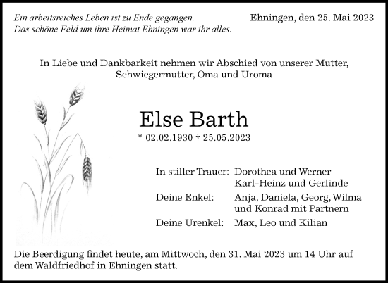 Traueranzeige von Else Barth von Kreiszeitung Böblinger Bote