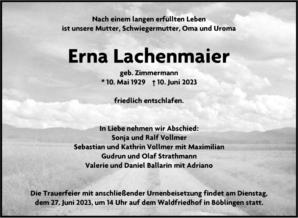  Traueranzeige für Erna Lachenmaier vom 17.06.2023 aus Kreiszeitung Böblinger Bote