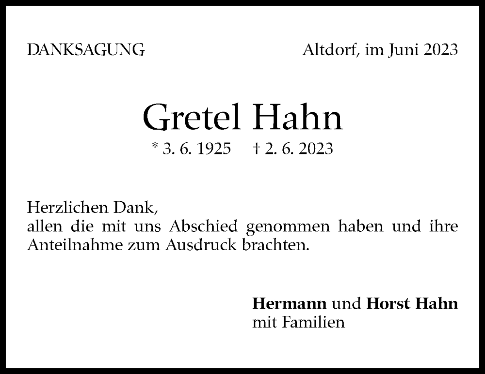  Traueranzeige für Gretel Hahn vom 23.06.2023 aus Kreiszeitung Böblinger Bote