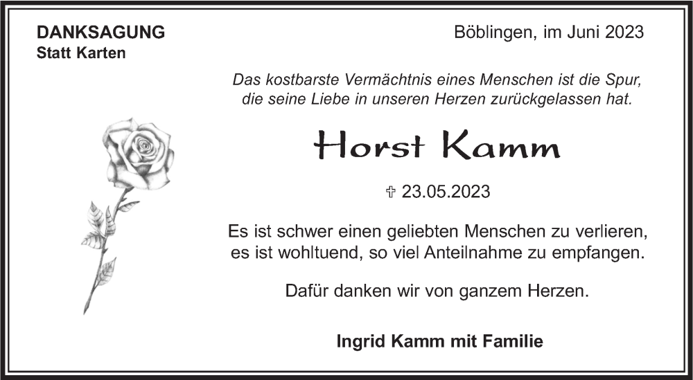  Traueranzeige für Horst Kamm vom 16.06.2023 aus Kreiszeitung Böblinger Bote