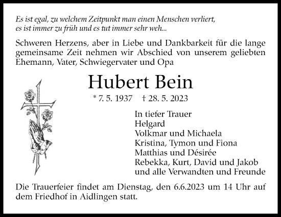 Traueranzeige von Hubert Bein von Kreiszeitung Böblinger Bote