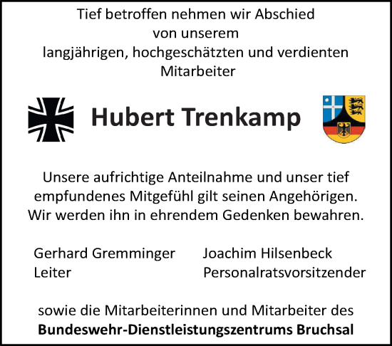 Traueranzeige von Hubert Trenkamp von Kreiszeitung Böblinger Bote