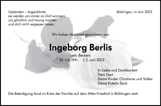Traueranzeige von Ingeborg Berlis von Kreiszeitung Böblinger Bote
