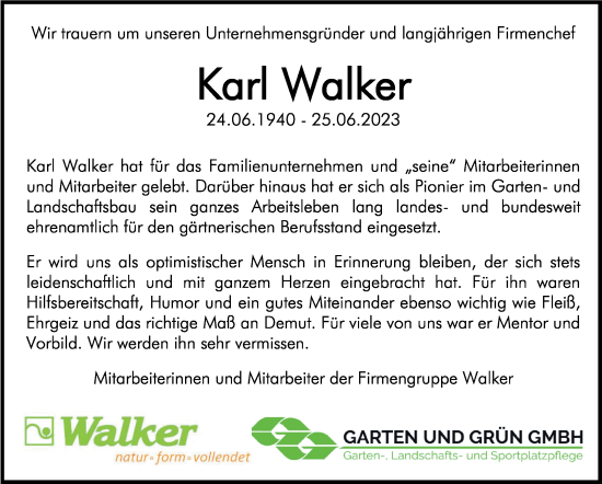 Traueranzeige von Karl Walker von Kreiszeitung Böblinger Bote