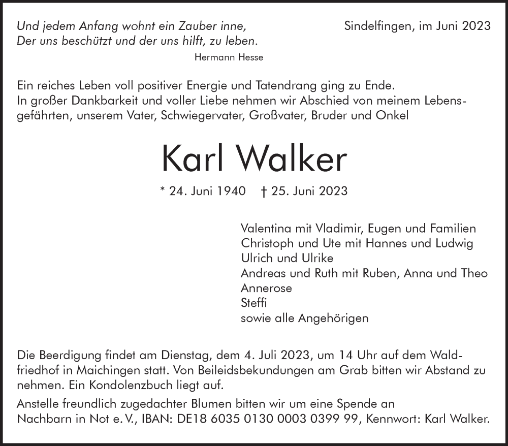  Traueranzeige für Karl Walker vom 29.06.2023 aus Kreiszeitung Böblinger Bote