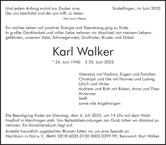 Traueranzeige von Karl Walker von Kreiszeitung Böblinger Bote