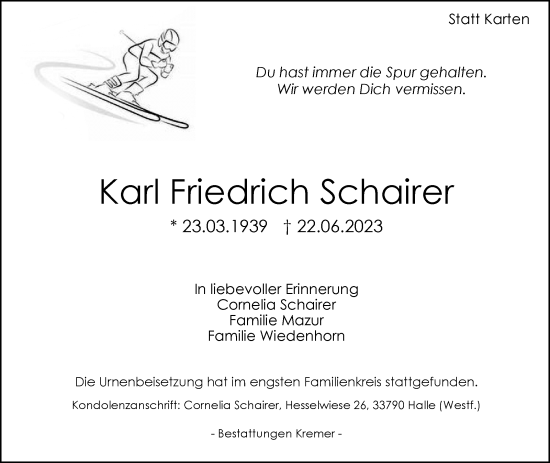 Traueranzeige von Karl Friedrich Schairer von Kreiszeitung Böblinger Bote