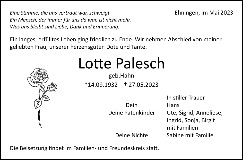  Traueranzeige für Lotte Palesch vom 01.06.2023 aus Kreiszeitung Böblinger Bote