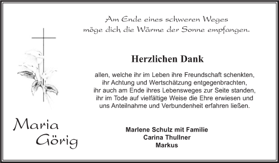 Traueranzeige von Maria Görig von Kreiszeitung Böblinger Bote