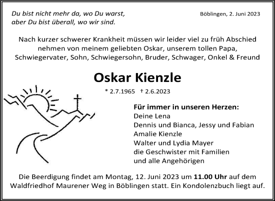 Traueranzeige von Oskar Kienzle von Kreiszeitung Böblinger Bote