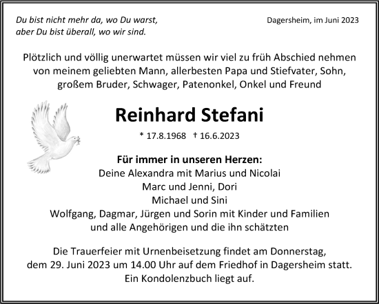 Traueranzeige von Reinhard Stefani von Kreiszeitung Böblinger Bote