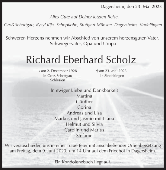 Traueranzeige von Richard Eberhard Scholz von Kreiszeitung Böblinger Bote