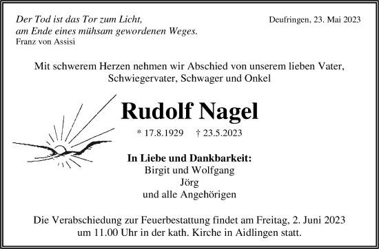 Traueranzeige von Rudolf Nagel von Kreiszeitung Böblinger Bote