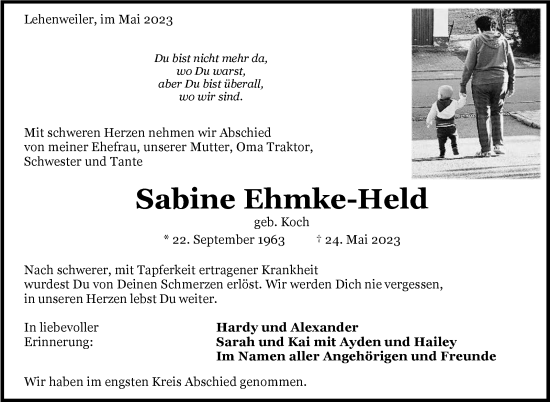 Traueranzeige von Sabine Ehmke-Held von Kreiszeitung Böblinger Bote