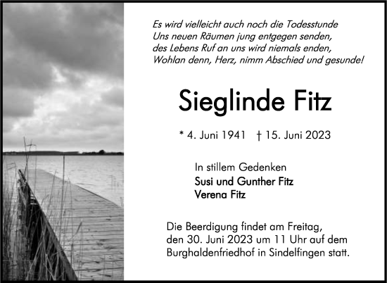 Traueranzeige von Sieglinde Fitz von Kreiszeitung Böblinger Bote