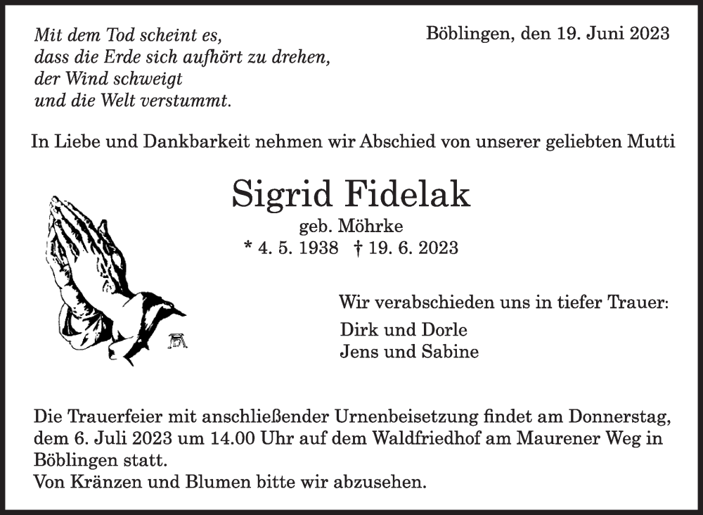  Traueranzeige für Sigrid Fidelak vom 22.06.2023 aus Kreiszeitung Böblinger Bote
