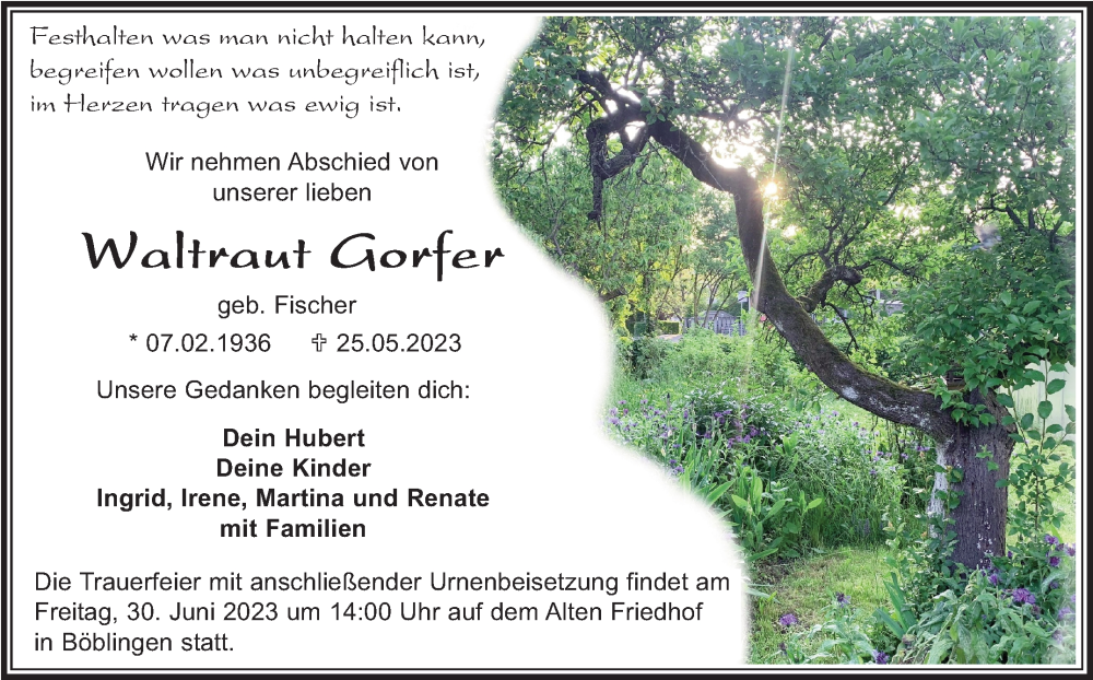  Traueranzeige für Waltraut Gorfer vom 24.06.2023 aus Kreiszeitung Böblinger Bote