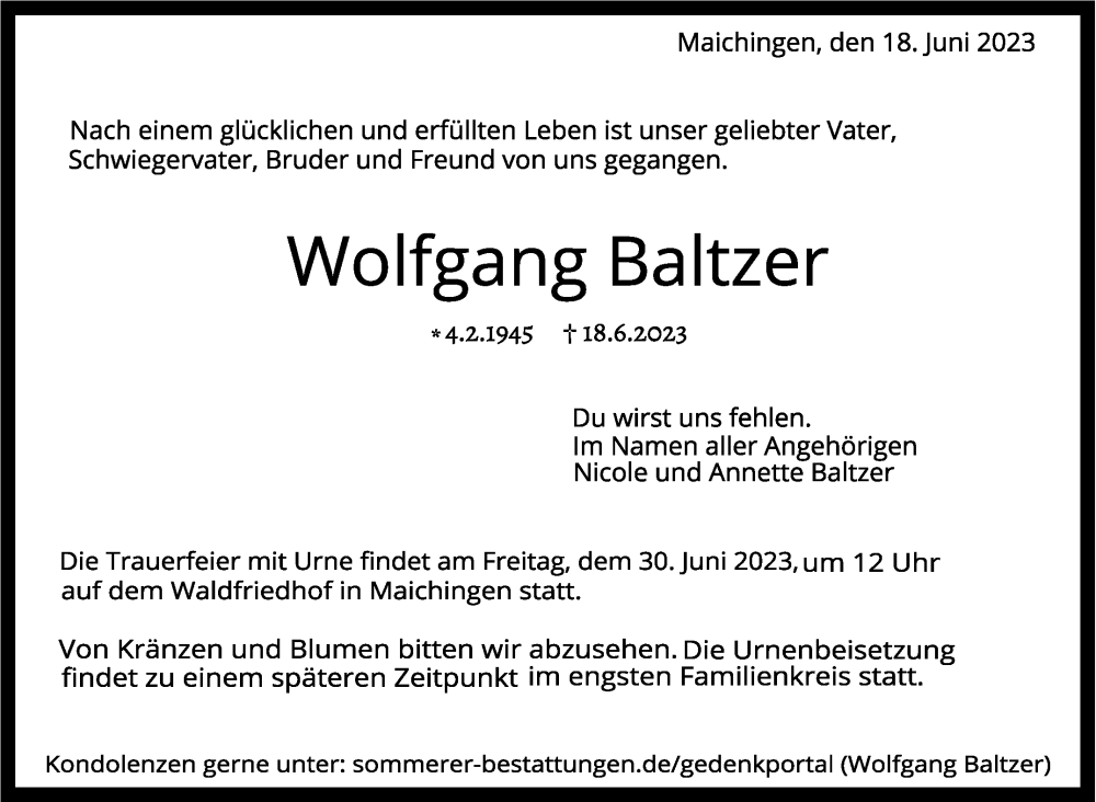  Traueranzeige für Wolfgang Baltzer vom 23.06.2023 aus Kreiszeitung Böblinger Bote