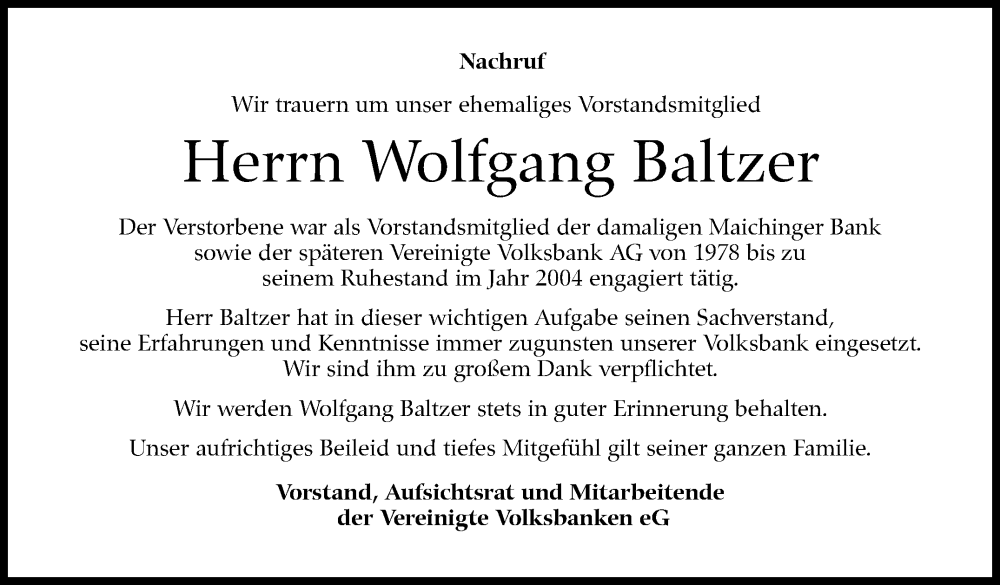  Traueranzeige für Wolfgang Baltzer vom 24.06.2023 aus Kreiszeitung Böblinger Bote