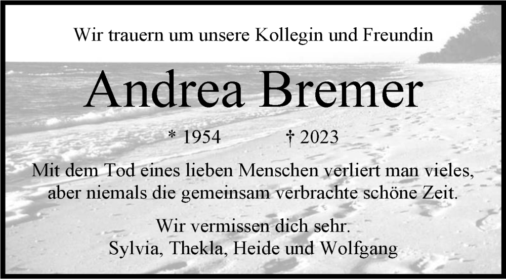 Traueranzeige für Andrea Bremer vom 22.07.2023 aus Kreiszeitung Böblinger Bote