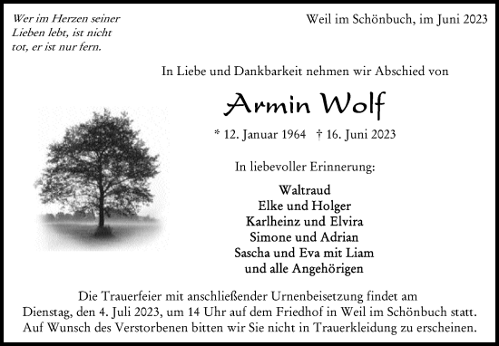 Traueranzeige von Armin Wolf von Kreiszeitung Böblinger Bote