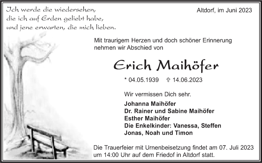  Traueranzeige für Erich Maihöfer vom 30.06.2023 aus Kreiszeitung Böblinger Bote