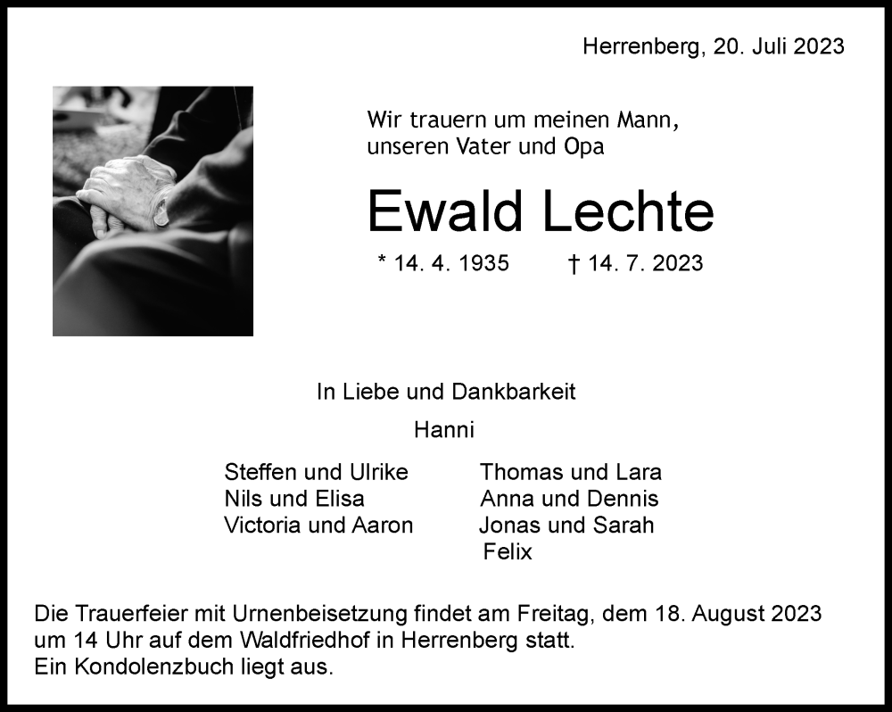  Traueranzeige für Ewald Lechte vom 20.07.2023 aus Kreiszeitung Böblinger Bote