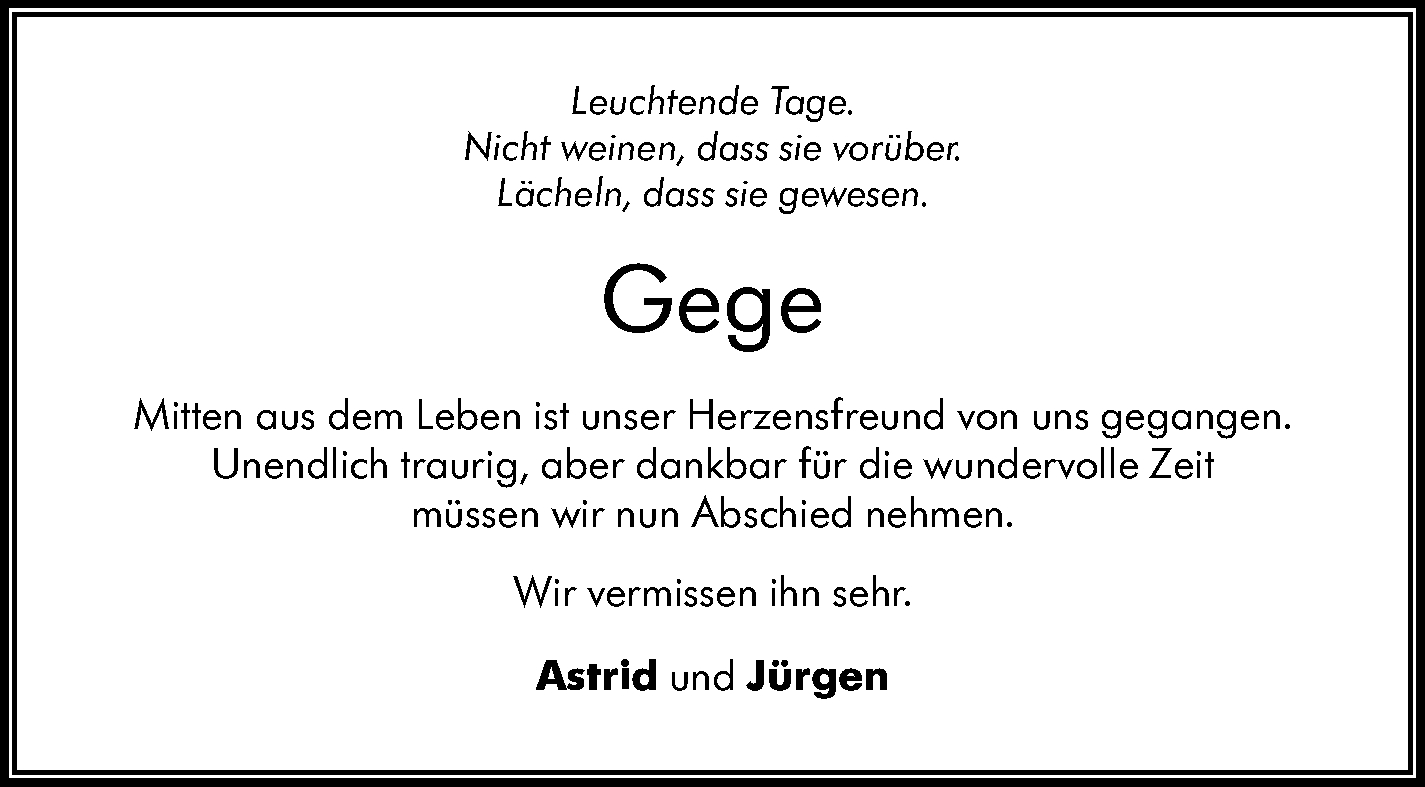  Traueranzeige für Gege  vom 08.07.2023 aus Kreiszeitung Böblinger Bote