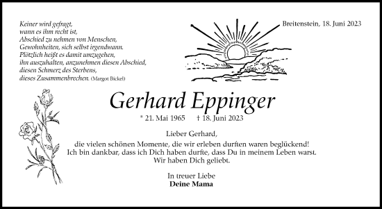 Traueranzeige von Gerhard Eppinger von Kreiszeitung Böblinger Bote
