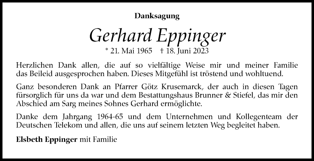  Traueranzeige für Gerhard Eppinger vom 27.07.2023 aus Kreiszeitung Böblinger Bote