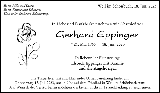 Traueranzeige von Gerhard Eppinger von Kreiszeitung Böblinger Bote
