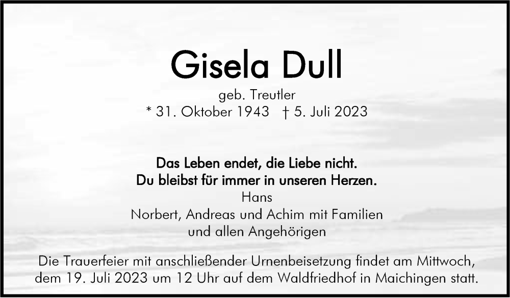  Traueranzeige für Gisela Dull vom 15.07.2023 aus Kreiszeitung Böblinger Bote