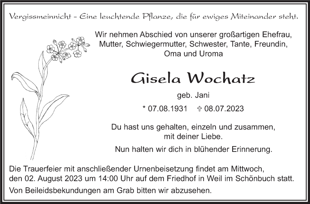  Traueranzeige für Gisela Wochatz vom 27.07.2023 aus Kreiszeitung Böblinger Bote