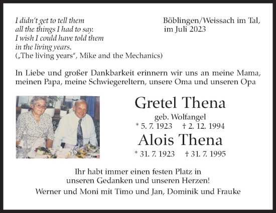 Traueranzeige von Gretel und Alois Thena von Kreiszeitung Böblinger Bote
