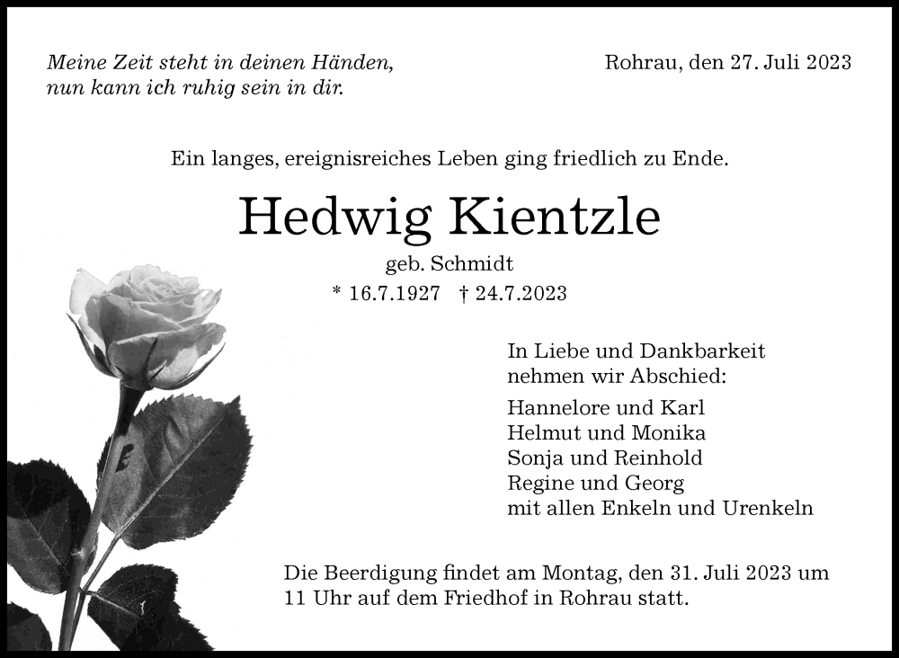  Traueranzeige für Hedwig Kientzle vom 27.07.2023 aus Kreiszeitung Böblinger Bote